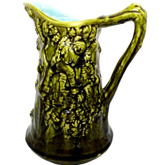 French Antique Majolica Pitcher Sarreguemines Green Turquoise Relief Scene Jug - Picture 1 of 10
